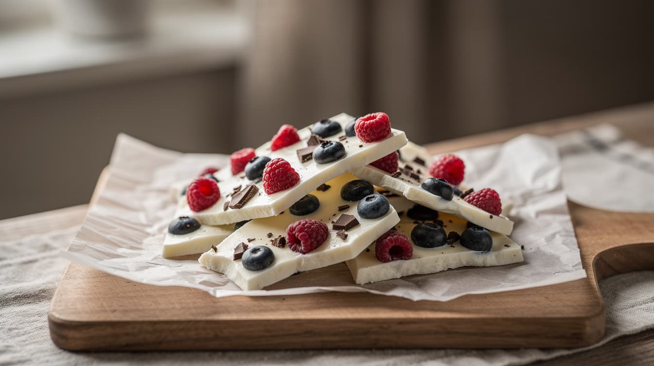 Foto: Yoghurtbark med bär och mörk choklad