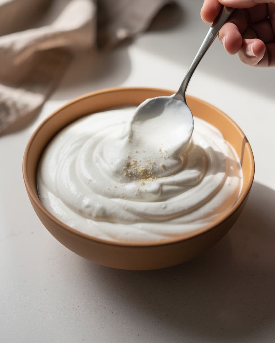 Steg 1: Rör ihop kvarg, grekisk yoghurt och vaniljpulver till en slät kräm.